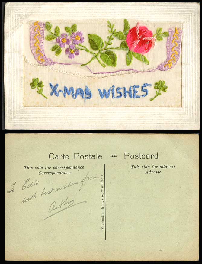 WW1 SILK Embroidered Old Postcard Christmas Xmas Wishes Flowers and Empty Wallet