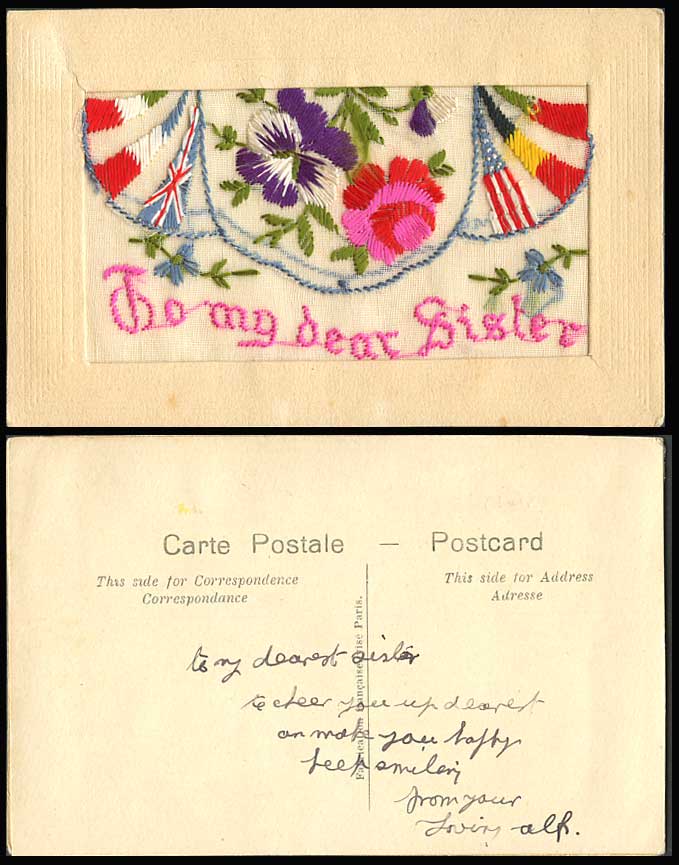 WW1 SILK Embroidered Old Postcard To My Dear Sister Flowers Flags & Empty Wallet