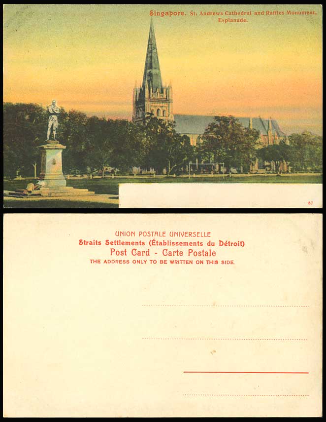 Singapore Old Colour Postcard St. Andrews Cathedral, Raffle's Monument Esplanade