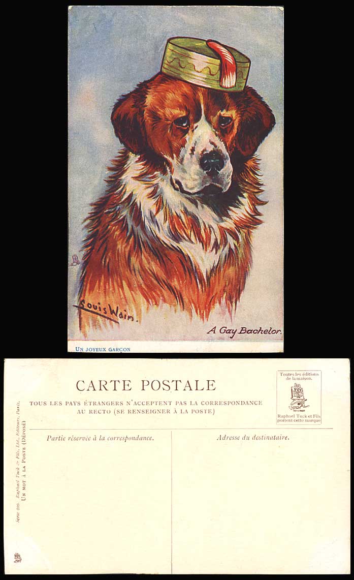 LOUIS WAIN Artist Signed St Bernard Dog Puppy A Gay Bachelor Old Tuck's Postcard