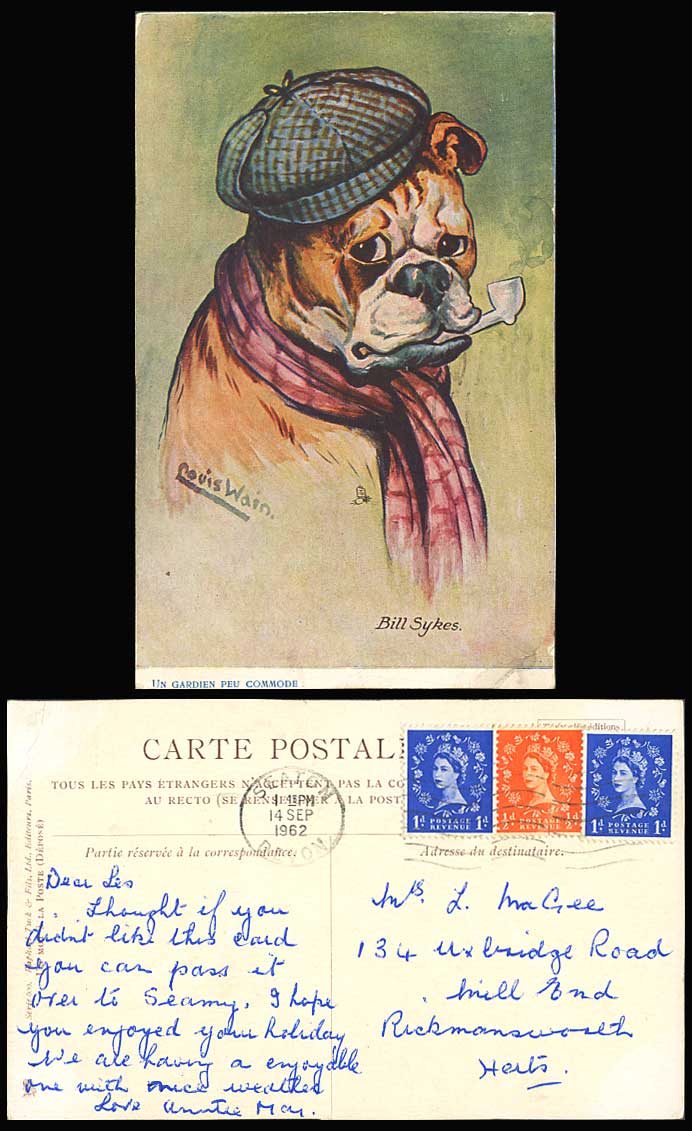 LOUIS WAIN Artist Signed A Bulldog Bull Dog Bill Sykes Smoking 1962 Old Postcard