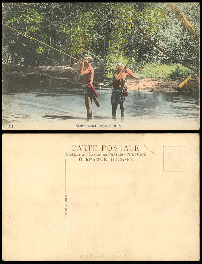 Federated Malay States Old Postcard Native Sakai Sackai People, Blowgun Blowpipe
