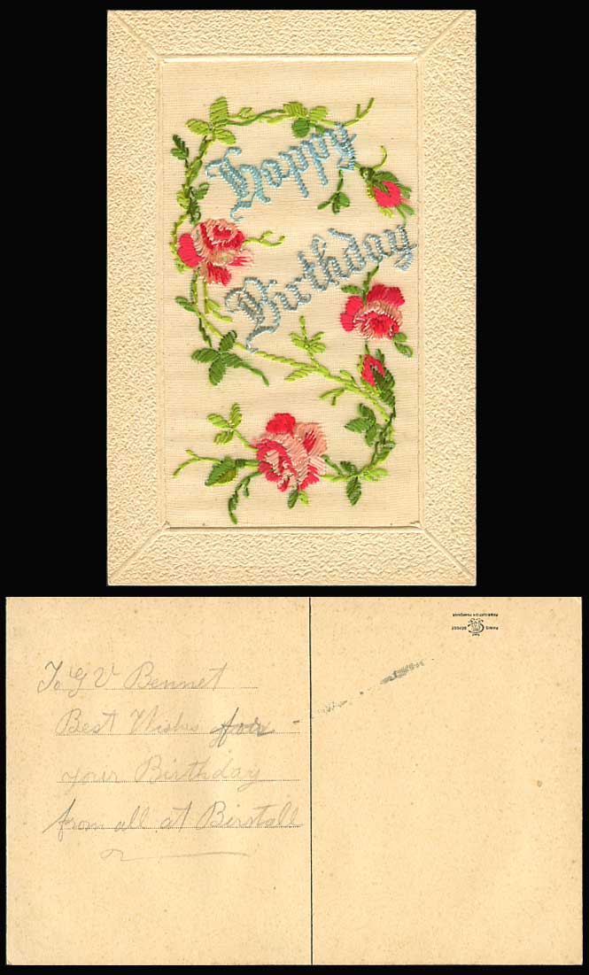 WW1 SILK Embroidered Old Postcard Happy Birthday Roses Flowers Novelty Greetings