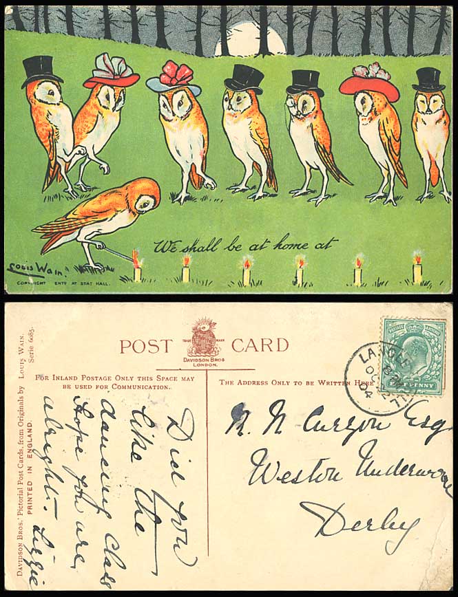 Louis Wain Signed Owls Birds We Shall be at Home at Write Away 1905 Old Postcard