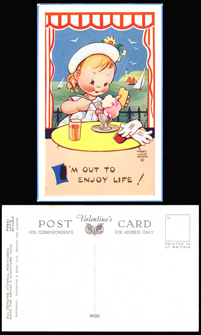 MABEL LUCIE ATTWELL Old Postcard Girl Ice Cream I'm Out to Enjoy Life Boats 6026