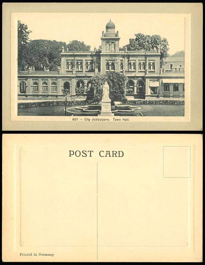India Old Embossed Postcard TOWN HALL City Jubbulpore Queen Victoria Statue Pond