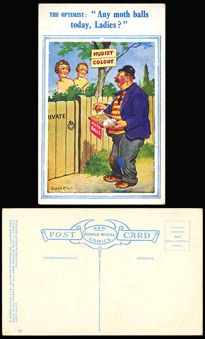 Donald McGill Old Postcard Optimist Any Moth Balls Today Ladies Women Colony 94.