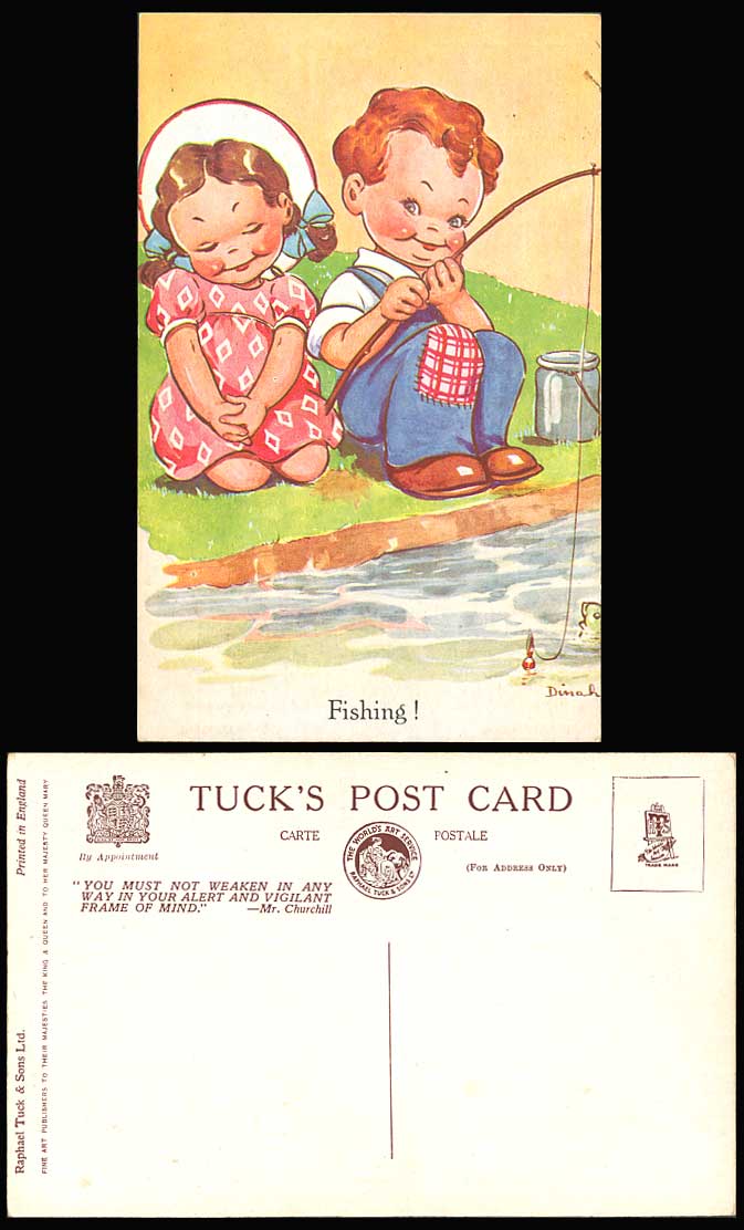 DINAH Artist Signed Old Tuck's Postcard Little Girl & Boy FISHING Angling Fish