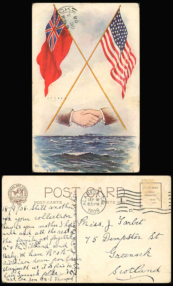 Hands Across The Sea 1908 Old Postcard Flag Flags USA Steamer Steam Ship Alameda