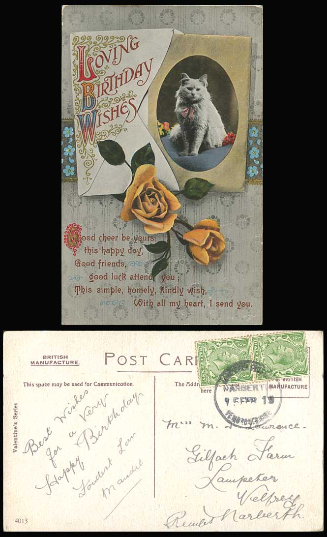 Cat Kitten & Rose Flower Pets Greetings Loving Birthday Wishes 1919 Old Postcard
