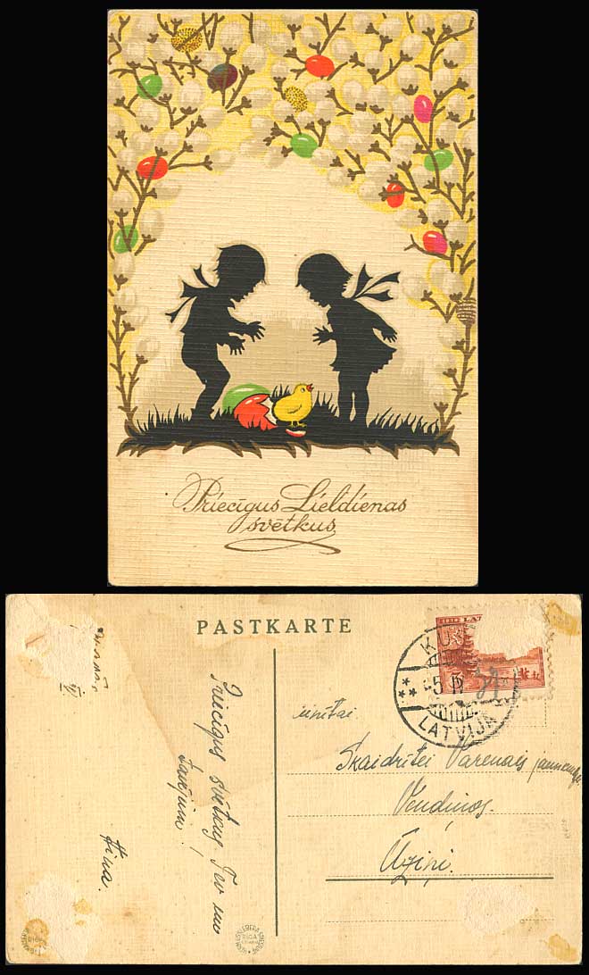 Latvia 1939 Old Postcard Eggs Chick Bird Silhouette of Boy Girl Easter Greetings