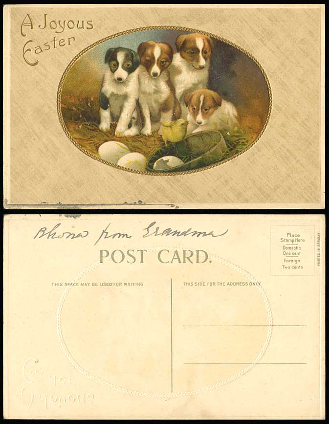Dogs Puppies Chick Bird Eggs, A Joyous Easter Old ART Postcard Dog Puppy Animals