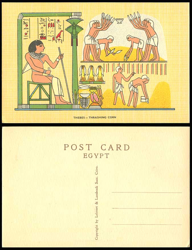 Egypt c.1960 Old Postcard Thebes Thrashing Corn Egyptian Farmers Agriculture ART