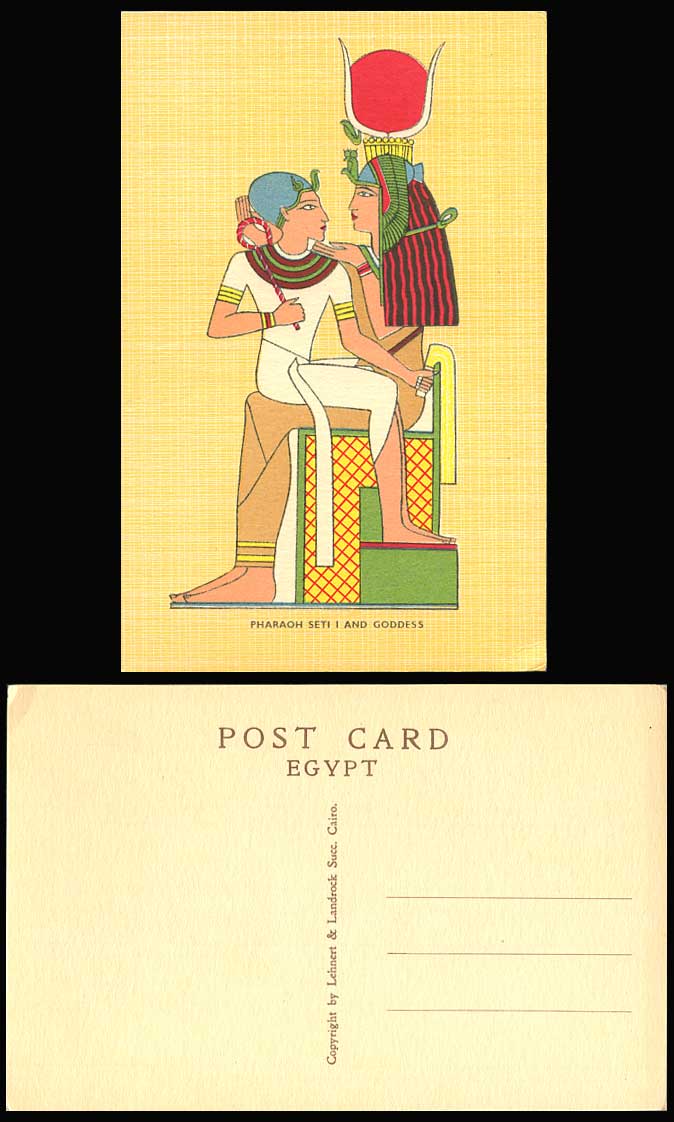 Egypt c.1960 Old Postcard Thebes Pharaoh Seti I and Goddess Art Artist Drawn L&L