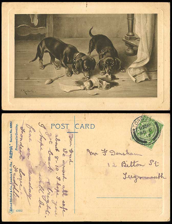 Dachshund German Sausage Dog Puppy C Roubert Artist Signed 1913 Old ART Postcard