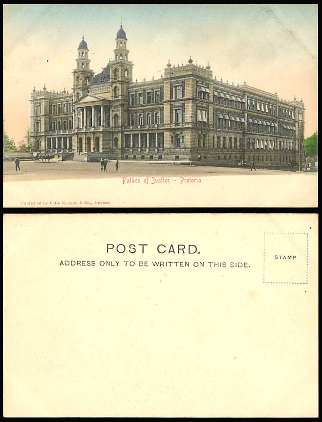South Africa Old Hand Tinted Postcard Palace of Justice Pretoria Street Scene UB