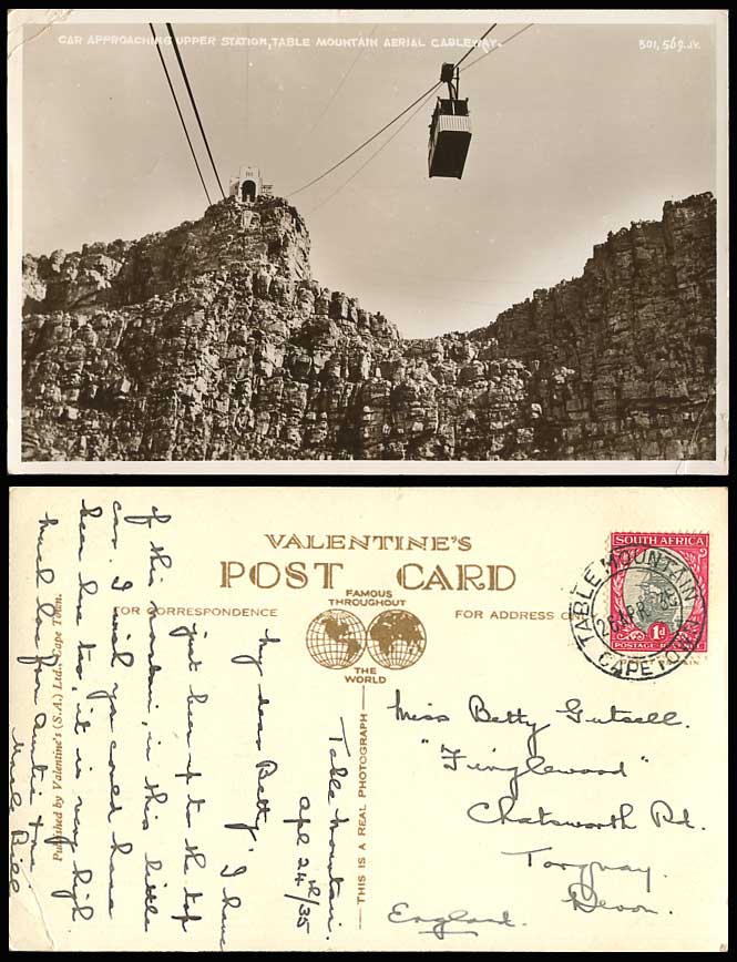 South Africa Upper Cableway Station, Table Mountain, Cable-Car 1935 Old Postcard