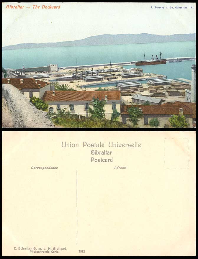 Gibraltar Old Colour Postcard THE DOCKYARD Lighthouse Harbour Steamer Steam Ship
