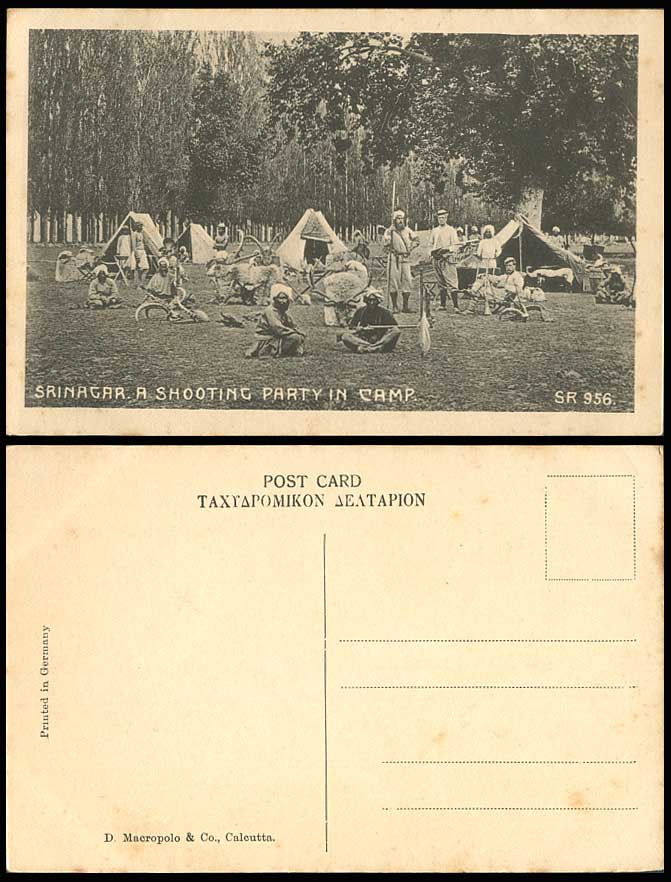 India Old Postcard SRINAGAR A Shooting Party in Camp Hunting Native Hunters Tent