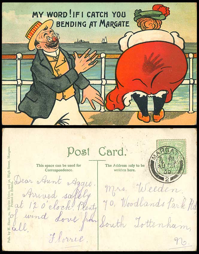 SPANKING Fat Lady Woman 1909 Old Postcard My Word! If I Catch Bending at Margate