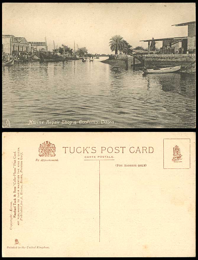 IRAQ Old Tuck's Postcard BASRA Marine Repair Shop & Customs Native Boats & River