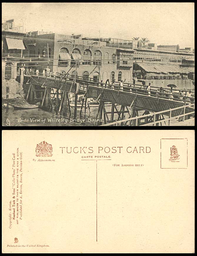 IRAQ Old Tuck's Postcard BASRA Side View of Whiteley Bridge River & Native Boats