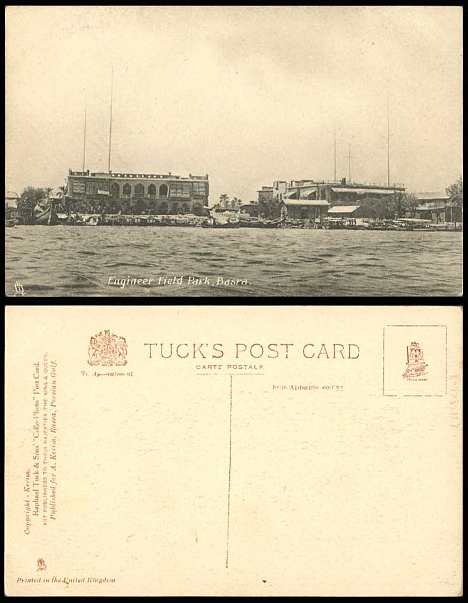 IRAQ Old Tuck's Postcard BASRA Engineer Field Park Boats Harbour Quay & Panorama