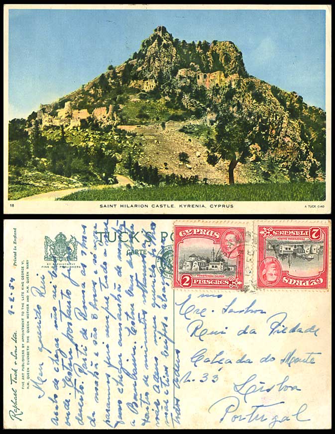 Cyprus KG6 2c Peristerona Church 1954 Old Postcard Saint Hilarion Castle KYRENIA