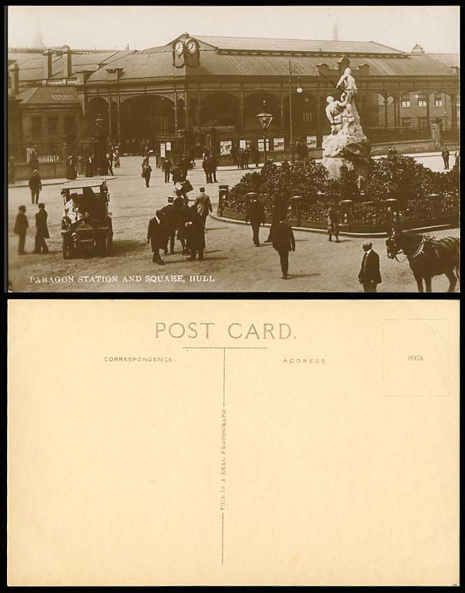 HULL Vintage Motor Car, Railway Paragon Station & Square Old Real Photo Postcard
