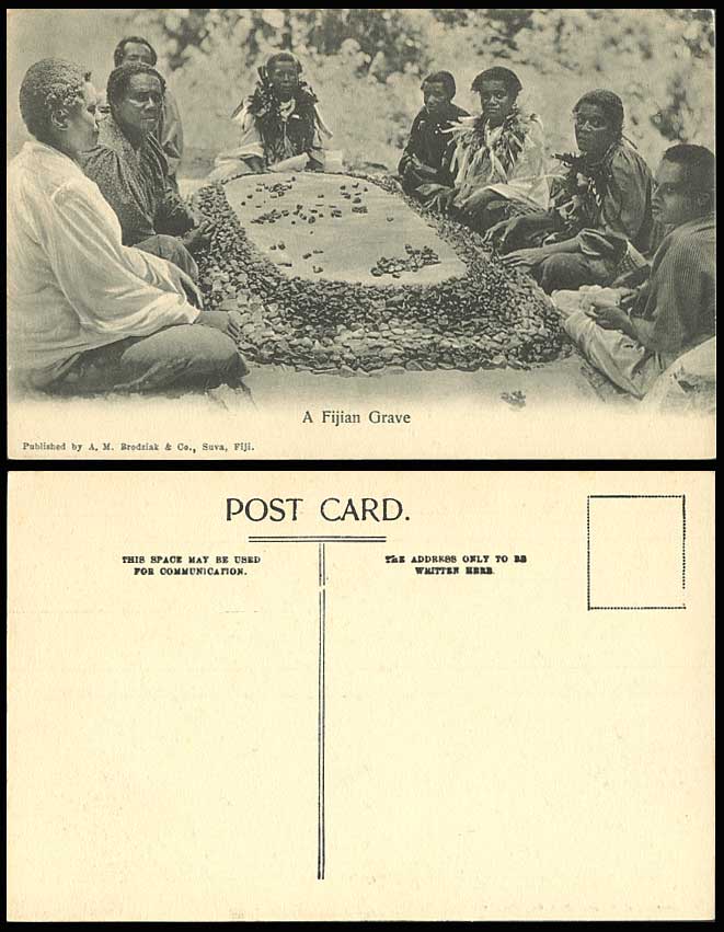 Fiji Old Postcard A Fijian Grave & Rocks Stones, Group of Native Men Ethnic Life