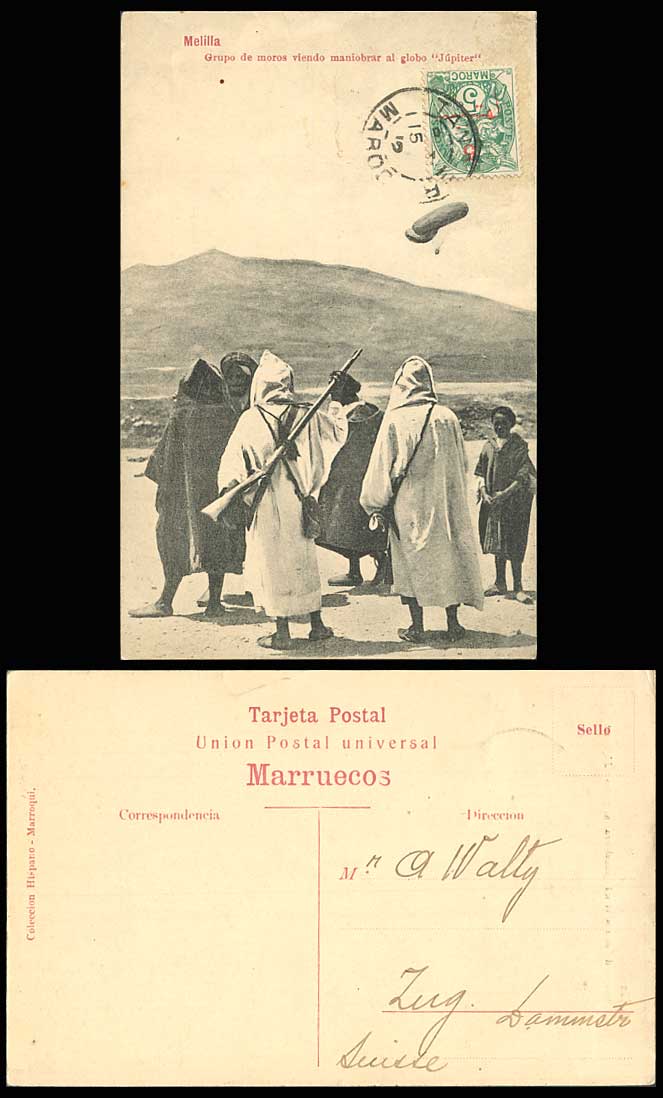 Spain Maroc 5c 1912 Old Postcard MELILLA Moors Watch Maneuver of Balloon Jupiter