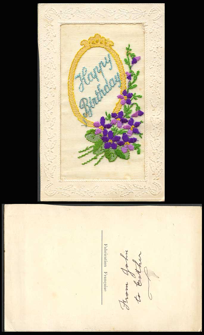WW1 SILK Embroidered Old Postcard Happy Birthday Flowers Mirror Novelty Greeting