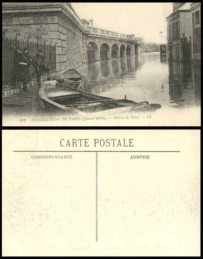 PARIS FLOOD 1910 Old Postcard Station de Passy Police Policeman & Boats L.L. 101