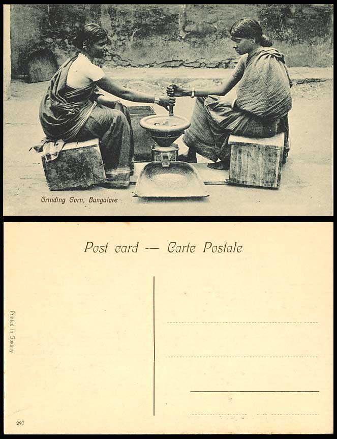 India Old Postcard Grinding Corn, Bangalore, 2 Native Hindu Women Ladies at Work