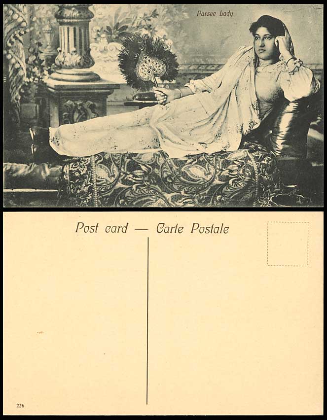 India Old Postcard Native Woman Holding a Peacock Feather Fan PARSEE LADY Ethnic