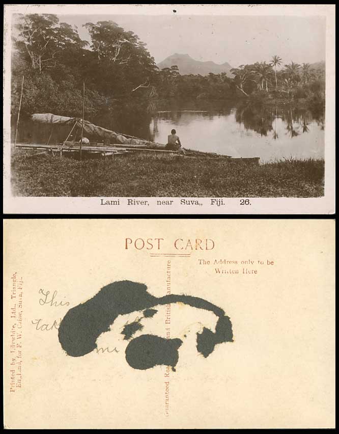 Fiji Old Postcard Lami River Scene near Suva, Native Fijian Man Palm Trees No.26