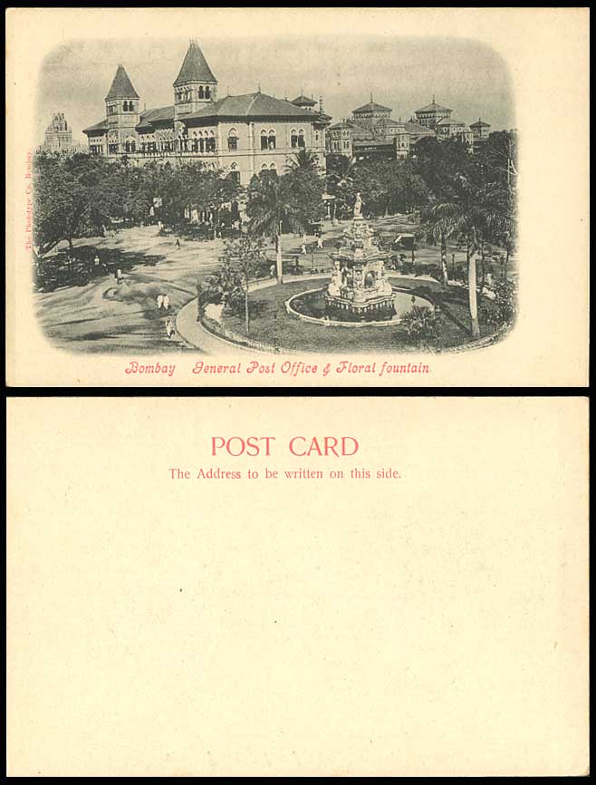 India Old Postcard Bombay General Post Office Floral Fountain Street Scene Palms