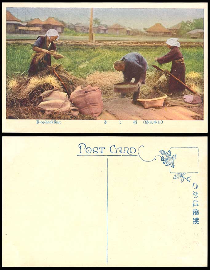 Japan Old Postcard Rice Hackling Japanese Farmers at Work, near Railroad Railway