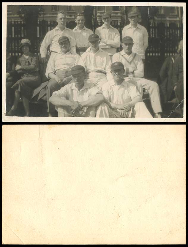 CRICKET Players Group of Cricketers & Woman Lady Old Real Photo Postcard Sports