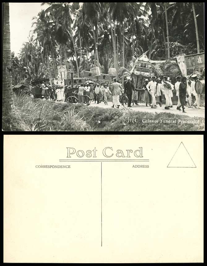 Singapore Old Real Photo Postcard Chinese Funeral Procession Bicycles Tram Malay