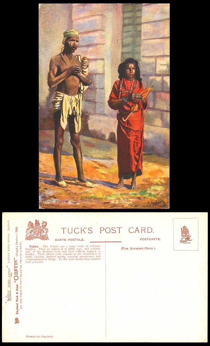 India Old Tuck's Oilette Postcard Native Life, Fakirs, Religious Ethnic Life ART
