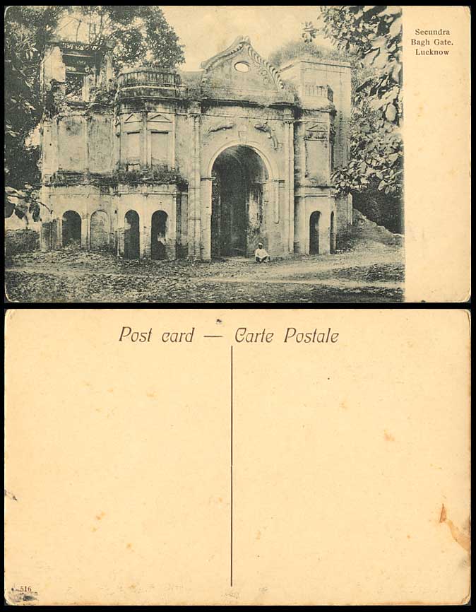 India Old Postcard Secundra Bagh Gate Gateway Lucknow A Native Man Sits by Ruins