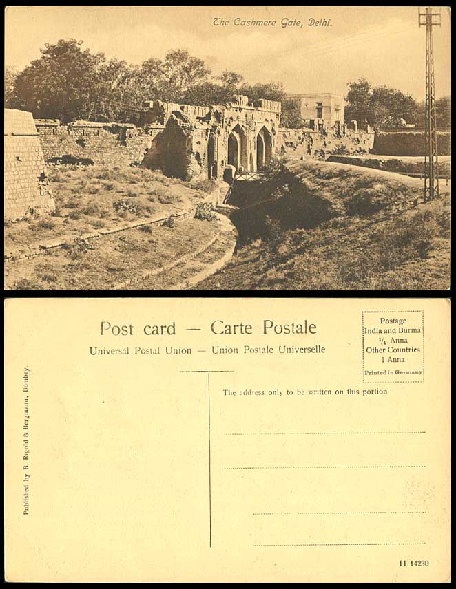 India Old Postcard The Cashmere Gate Kashmir Gates Delhi Bridge Walls, B. Rigold
