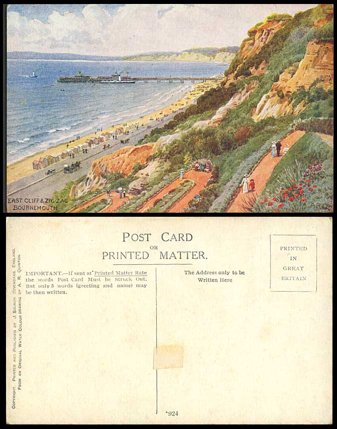 AR Quinton Old Postcard Bournemouth East Cliff ZigZag Pier Jetty Promenade N.924