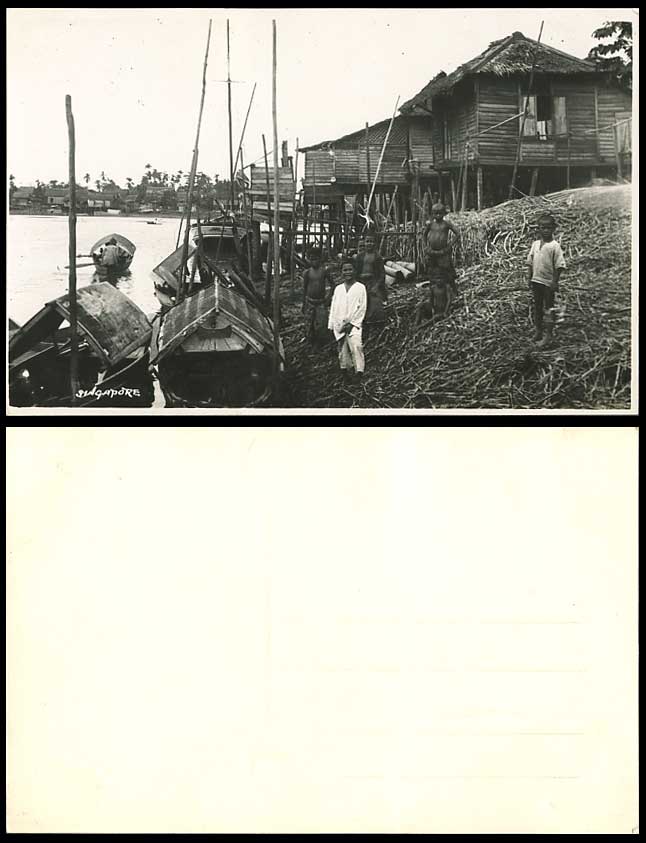 Singapore Old Real Photo Postcard Malay Village River Houses Boats Children Boys