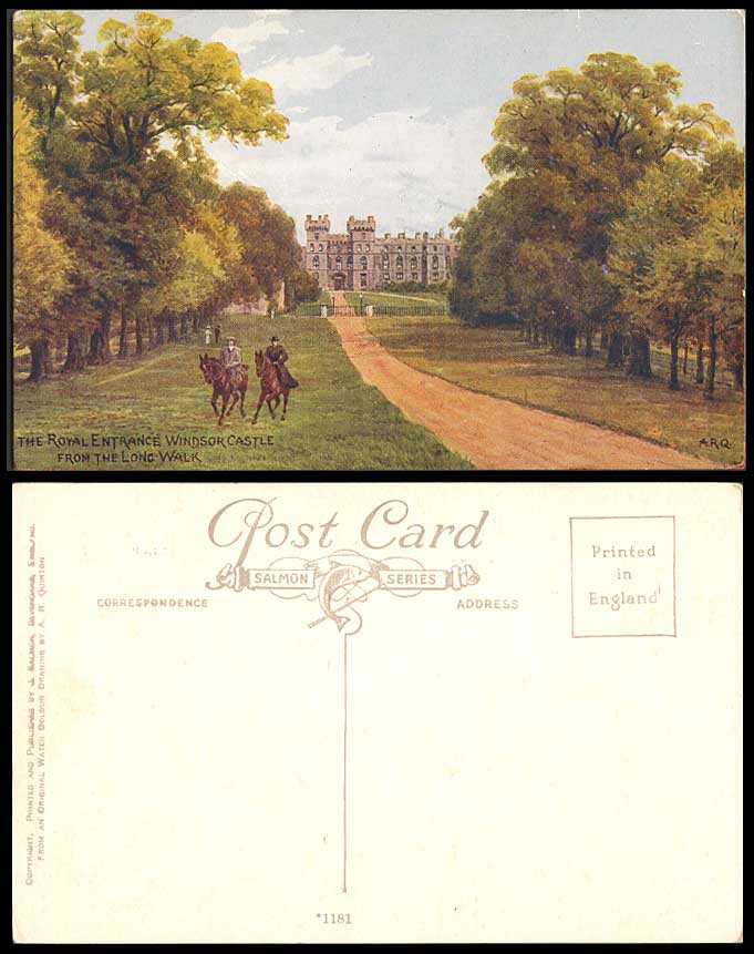 AR Quinton Old Postcard Royal Entrance Windsor Castle from Long Walk Horses 1181