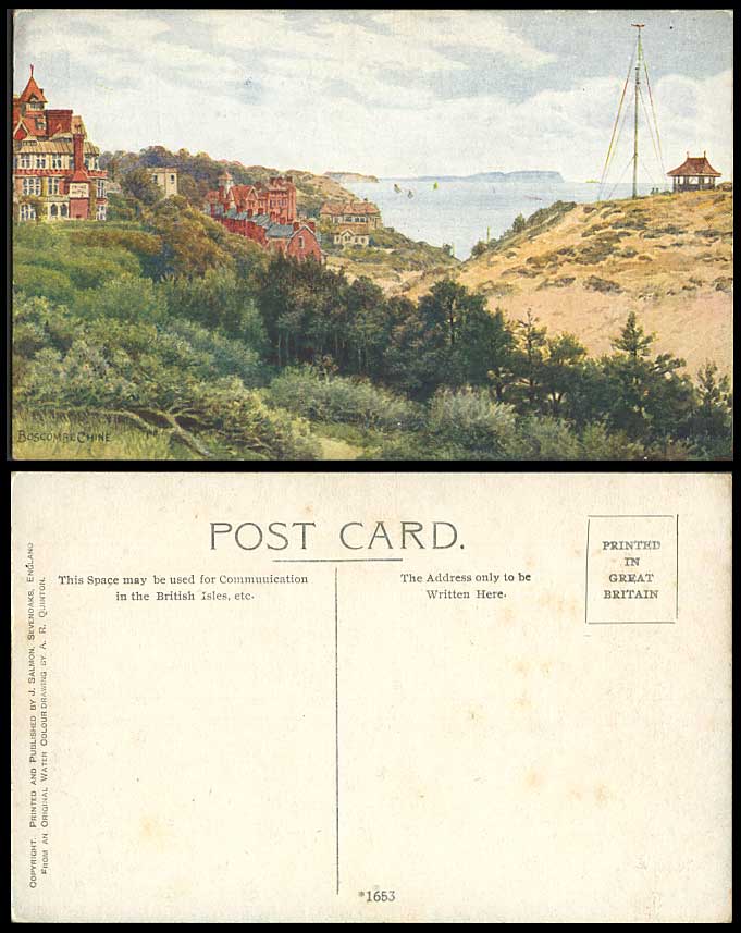 AR Quinton Artist Signed Old Postcard Boscombe Chine Dorset Panorama A.R.Q. 1653