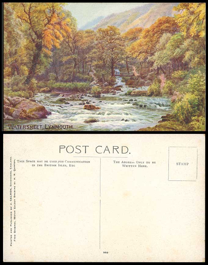 A.R. Quinton Watersmeet Lynmouth, Bridge River Scene, Devon Old Postcard 960 ARQ