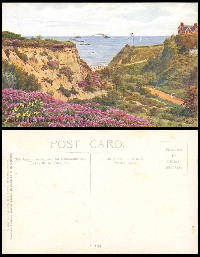 AR Quinton Bournemouth Old Postcard ALUM CHINE Flowers Cliffs Steamers Flag 1196