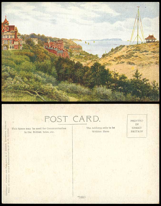 AR Quinton Artist Signed Old Postcard Boscombe Chine Dorset Panorama ARQ No.1653